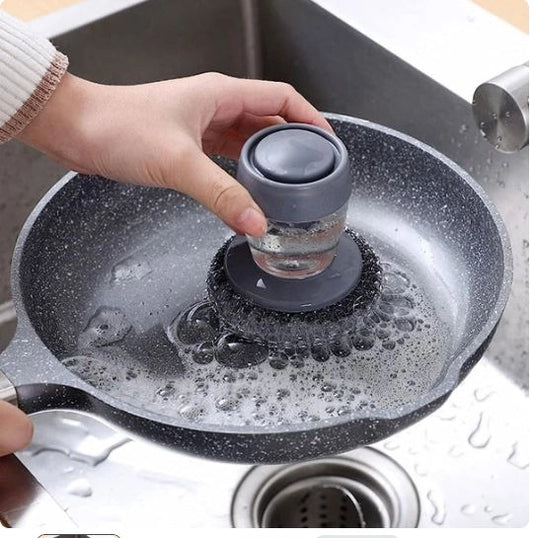 Refillable 2 in 1 liquid soap dispensing dish scrubber brush for kitchen cleaning