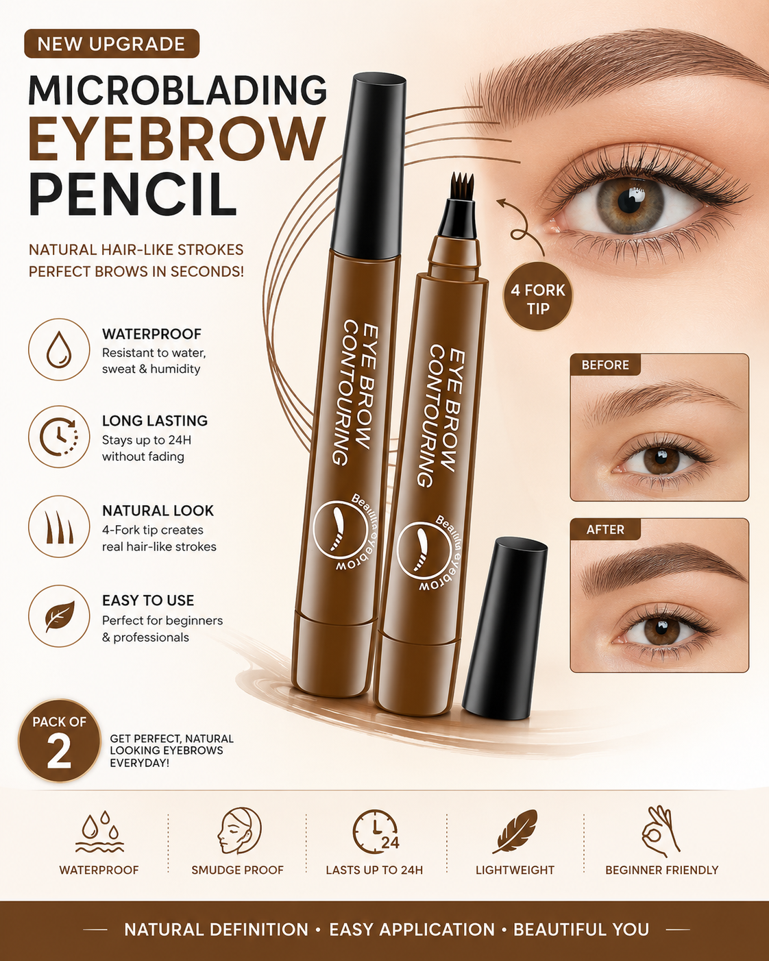 Waterproof Microblading Eyebrow Pencil (Pack of 2) | Natural Hair-Like Brows in Seconds