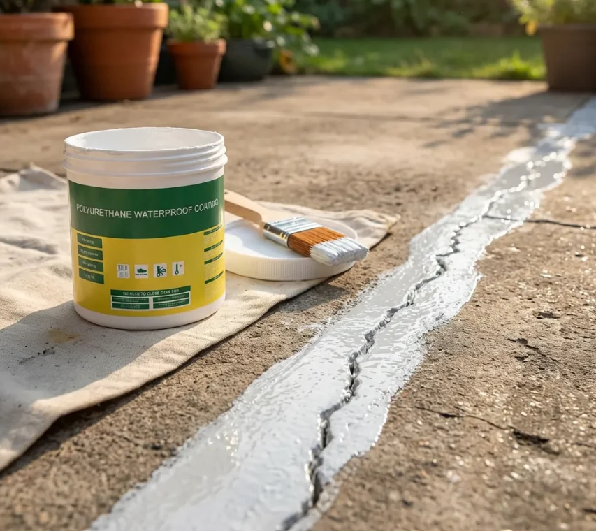 LeakGuard waterproof sealant repairing outdoor concrete crack and preventing water seepage.