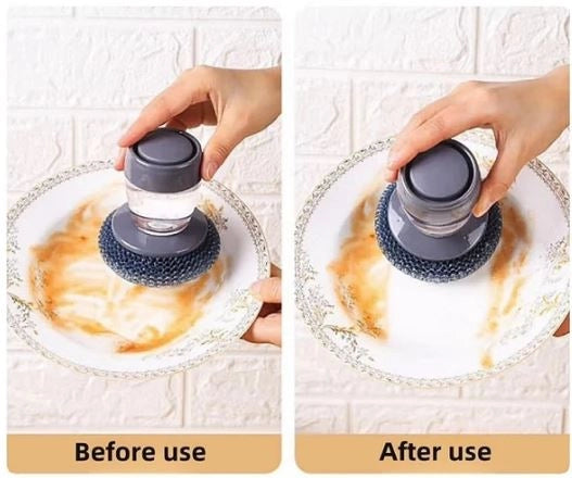 Refillable 2 in 1 liquid soap dispensing dish scrubber brush for kitchen cleaning