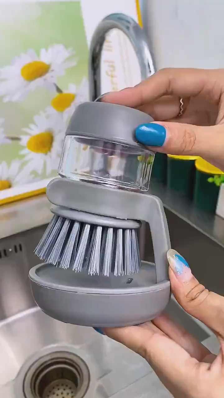2 in 1 Liquid Soap Dispensing Dish Scrubber Brush demonstration for fast kitchen cleaning